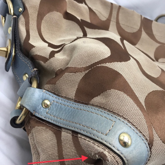 Coach Signature Carly Khaki Brown,Tan SlateBlue Leather Hobo Bag ✅Offers Welcome - Picture 7 of 12